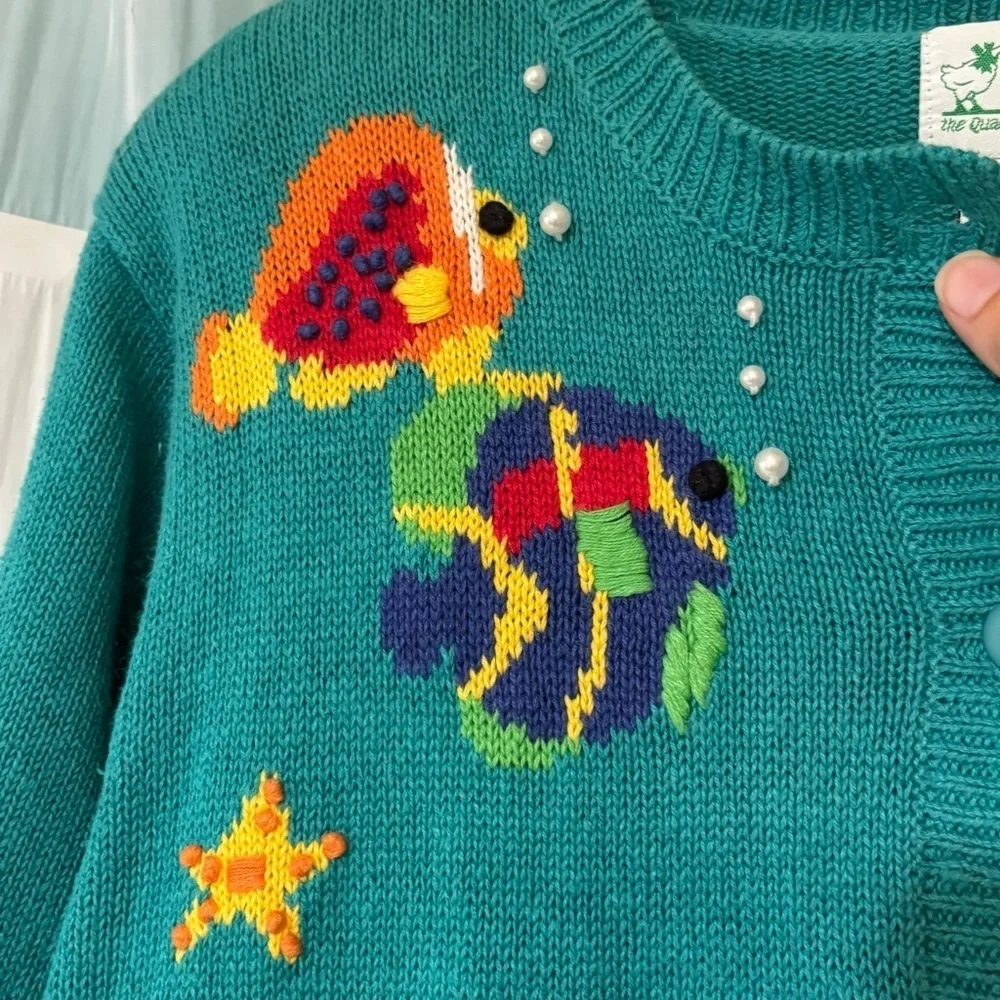 Quacker Factory Vintage Fish Pearl Cardigan Sweater Women Sz Small